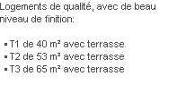 Logements de qualité, avec de beau niveau de finition:

T1 de 40 m² avec terrasse
T2 de 53 m² avec terrasse
T3 de 65 m² avec terrasse